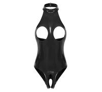 Sinleey Damen Wetlook Body Brustfrei Latex Catsuit Kleid Ouvert Lackleder Bodysuit Nachtwäsche Pole Dance Outfit Nero 5XL
