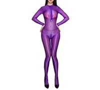 Sinleey Donna Body Collant Lucido Oleoso Aperto Calzamaglia Corpo Intero Ultra Sottile Trasparente Body Con Cerniera Viola M
