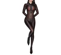 Sinleey Donna Body Collant Lucido Oleoso Aperto Calzamaglia Corpo Intero Ultra Sottile Trasparente Body Con Cerniera Nero XL