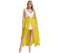 Sinleey Donna Costume Dea Greca Abito Dea Romana Con Mantello Swing Sexy Carnevale Costumi Festa A Tema Travestimento Giallo 4XL