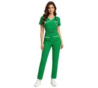 Sinleey Donna Schrubb Camicia Maniche Corte Stilizzata Overall Divisa Medica Infermiera Uniforme Professionale Jumpsuit Verde XL