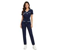 Sinleey Donna Schrubb Camicia Maniche Corte Stilizzata Overall Divisa Medica Infermiera Uniforme Professionale Jumpsuit Blu navy 3XL