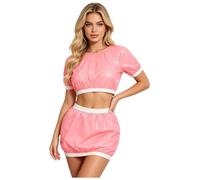 Sinleey Donna Wetlook Crop Top E Rock Set Camicetta In Vinile Lucido Mini Rock In Materia Plastica Outfit La Spiaggia Party E Clubwear Rosa XXL