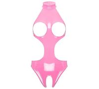 Sinleey Donne Wetlook Body Senza Reggiseno Latex Catsuit Abito Ouvert Pelle Lucida Bodysuit Lingerie Pole Dance Abito Da Nightclub Rosa 3XL