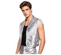 Sinleey Heren Glitzer Weste Party Set Argento Gilet Anzughaube Maniche Corte Argento M