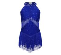 Sinleey Ragazza Latino Abito da Ballo Frange Body da Balletto con Strass Bambini Salsa Tango Sala Ballo Jazz Modern Dance Outfit Abbigliamento Blu 15-16 Anni