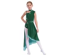Sinleey Ragazza Lirico Abito Da Ballo Scintillante Un Spalla Tutù Da Ballo Maglia Gonna Lunga Asimmetrica Bambini Abbigliamento Da Danza Moderno Verde 11-12 anni