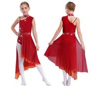Sinleey Ragazza Lirico Abito Da Ballo Scintillante Un Spalla Tutù Da Ballo Maglia Gonna Lunga Asimmetrica Bambini Abbigliamento Da Danza Moderno Borgogna 9-10 anni