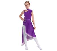 Sinleey Ragazza Lirico Abito Da Ballo Scintillante Un Spalla Tutù Da Ballo Maglia Gonna Lunga Asimmetrica Bambini Abbigliamento Da Danza Moderno Viola 7-8 anni