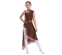 Sinleey Ragazza Lirico Abito Da Ballo Scintillante Un Spalla Tutù Da Ballo Maglia Gonna Lunga Asimmetrica Bambini Abbigliamento Da Danza Moderno Marrone 13-14 anni