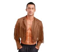 Sinleey Uomini Giacca Di Pelle Western Cowboy Con Frange Pelle Scamosciata Indiano Ranger Cappello Costume Halloween Carnevale Marrone XL
