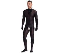 Sinleey Uomo Calzamaglia Intera Nylon Uomo Bodystocking Ouvert Con Maschera Per La Testa Trasparente Tuta Intera Intimo Nero XL