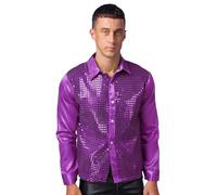 Sinleey Uomo Camicia A Pailettes Anni Disco Camicia A Maniche Lunghe Capodanno Carnevale Costume Brillante Matrimonio da Lavoro Latino Ballo Maglietta Gogo Viola L