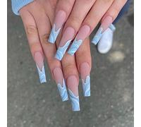 SINLOV 24 pezzi bara finte unghie nude sfumate stampa su unghie finte lunghe ballerina unghie artificiali copertura completa unghie finte punte per unghie artistiche per donne e ragazze (Blu)