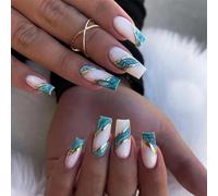 SINLOV 24 unghie finte quadrate a copertura completa, colore verde sfumato, lunghe unghie finte francesi, glitterate, per donne e ragazze