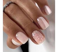 SINLOV - 24 unghie finte quadrate, rosa nude, corte, a pressione, stile French manicure, lucide e glitterate, copertura completa, per donne e ragazze…