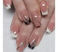 SINLOV 24 unghie finte quadrate rosa nude lunghe a pressione con cristallo, unghie finte francesi, lucide, glitterate, copertura completa, per donne e ragazze