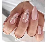 SINLOV Almond Fake Nails Nude Glitter Breve Ovale Falso Nail 24PCS Francese Copertura Completa Chiodi Falsi Acrilico Stampa Su Unghie per le Donne Ragazze