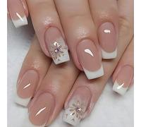 SINLOV Unghie finte a forma di fiocco di neve francese medio, unghie finte nude lucide a pressione sulle unghie ballerina, in acrilico, copertura completa, unghie finte per donne e ragazze