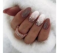 SINLOV Unghie finte a mandorla natalizia, unghie finte francesi lunghe glitterate a forma di fiocco di neve, unghie finte marroni lucide a pressione, in acrilico, copertura completa, per donne e