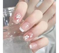 SINLOV Unghie finte corte con fiore quadrato, rosa nudo francese, unghie finte lucide a pressione, ballerina, acrilico, copertura completa, unghie finte per donne e ragazze