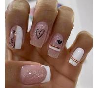 SINLOV Unghie finte corte quadrate a forma di cuore rosa nudo francese a pressione sulle unghie lucide copertura completa unghie finte per donne e ragazze