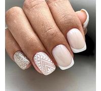 SINLOV Unghie finte corte quadrate rosa francese finte paillettes lucide copertura completa unghie finte premere su unghie finte per donne e ragazze