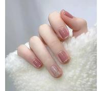 SINLOV Unghie finte corte quadrate rosa nudo francese unghie finte paillettes copertura completa unghie finte premere su unghie finte per donne e ragazze