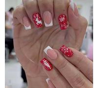 SINLOV Unghie finte quadrate con fiocchi di neve di Natale, sfumate francesi, unghie finte rosse a pressione, ballerina, acrilico, copertura completa, unghie finte per donne e ragazze