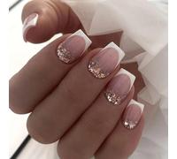 SINLOV Unghie finte quadrate con paillettes a pressione media sulle unghie rosa nude sfumate unghie finte francesi scintillanti ballerine acriliche unghie adesive per donne e ragazze