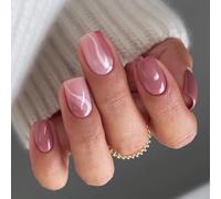 SINLOV Unghie finte quadrate medie rosa nude francese unghie finte lucide copertura completa unghie finte premere sulle unghie per donne e ragazze