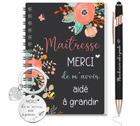 Sinmoe 3 Regalo per Insegnante di Scuola 1 Quaderno a Spirale 1 Portachiavi1 Penna a Sfera Regalo Merci de m'Avoir Aidé à Grandir per ATSEM AESH Fine Anno(Fiori e Api)