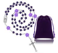 Sinmoe Collana Rosario con Perline Viola per Prima Comunione con Sacchetto da Regalo in Velluto Collana di Preghiera di Medaglia Croce Girocollo Cattolico Regali Religiosi Santi Cristiani per Donne