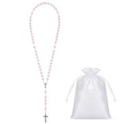 Sinmoe Set di 3 Rosario a Forma di Cuore della Prima Comunione con Biglietti della Prima Comunione e Custodia con Coulisse Collana Rosario in Metallo Collana con Croce di Perle Cattoliche (Rosa)