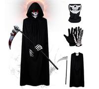 Sinoeem Costume da mietitore triste nero, 4 pezzi, per Halloween, scheletro mietitore, 140 cm, set con mantello nero con occhiali luminosi, costume da morte, per feste e cosplay, accessori per adulti