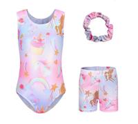 Sinoeem Maglia da ginnastica da bambina, a maniche lunghe, senza maniche, da ballo, pantaloncini sportivi e fascia per capelli, colorata e scintillante, per bambine dai 5 ai 12 anni,