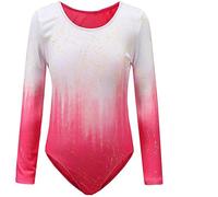 Sinoem Body da ginnastica da ragazza, a maniche lunghe, colore sfumato, multicolore, leotard danza, balletto, per bambini 3-12 anni (11-12 anni, rosa brillante, maniche lunghe)