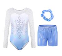 Sinooem Tre Pezzi Ragazze Ginnastica Leotards Pantaloncini e Fascia Capelli, Balletto Body Costumi di Danza per Bambini da 5 a 12 Anni (Blu, 7-8 anni)