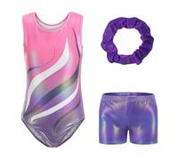 Sinooem Tre Pezzi Ragazze Ginnastica Leotards Pantaloncini e Fascia Capelli, Balletto Body Costumi di Danza per Bambini da 5 a 12 Anni (Rosa-Maniche corte, 5-6 anni)