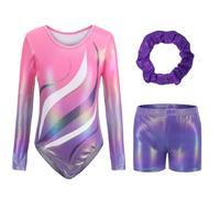 Sinooem Tre Pezzi Ragazze Ginnastica Leotards Pantaloncini e Fascia Capelli, Balletto Body Costumi di Danza per Bambini da 5 a 12 Anni (Rosa-Manica lunga, 9-10 anni)