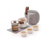SINOTÈCА Set da Tè da Viaggio Portatile - Servizio da Tè Kung Fu con Teiera in Vetro 120ml, Caraffa in Ceramica 200ml, 3 Tazzine 25ml, Pomello in Legno di Noce, Custodia Rigida Antiurto Inclusa
