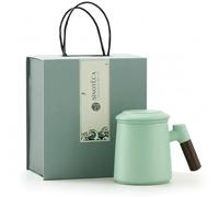 SINOTE'CA Tazza da Tè con Infusore e Coperchio 400ml, Set Regalo in Ceramica con Manico in Legno e Sottobicchiere, Tazza Tisana con Infusore Fine per Tè Sfuso, Confezione Regalo Elegante