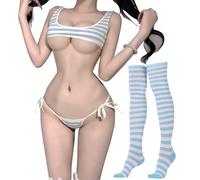 SINROYEE Tuta intera da donna Kawaii Anime SexyCosplay Lingerie set Halter Strap Micro Bra Tiny Panty con calze a righe, Blu 2, taglia unica