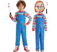 SINSEN Costume da Chucky per bambini, ragazzi e ragazze, tuta da Chucky con coltello insanguinato, costume per Halloween, cosplay, feste, 3-10 anni