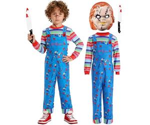 SINSEN Costume da Chucky per bambini, ragazzi e ragazze, tuta da Chucky con coltello insanguinato, costume per Halloween, cosplay, feste, 3-10 anni