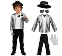 SINSEN Costume da pop star per bambini anni '80 e '90, vestito da discoteca con paillettes, giacca, pantaloni, cappello, t-shirt, guanti, occhiali da sole, collana, costume per Halloween, cosplay