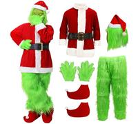 SINSEN Costume Grinch per adulti, 7 pezzi, Natale, verde, grande mostro, costume per adulti, costume di Natale, cosplay, costume di lusso Babbo Natale