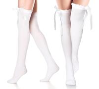 Sintege 2 Paia Calze Autoreggenti con Fiocco Alte alla Coscia Sopra Ginocchio Opaca con Laccio da Donna Lolita College(Bianco)