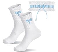 Sintege 2 Pezzi Regali per Sposa Calzini Blu Giarrettiera da Sposa Bianca con Fiocco in Pizzo Elastico Qualcosa di Blu per la Festa Nuziale per l'Addio al Nubilato(Nastro a Cuore Bride)