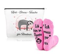 Sintege 2 Pezzi Set Regalo per Pensione 1 Borsa per Cosmetici e 1 Paio di Divertenti Calzini con Scritta Ich Bin in Rente Regalo di Addio per Pensionati Collega Donna Signore Compleanno